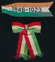 cca 1923-1956 Nemzeti szín szalag, 1848-1923 felirattal, 3x12 cm + Régi kokárda, a hátoldalán: 1896 N. K., 1956. X. 23., III. 15. K. M. J. felirattal, kézi feliratozással, 8x6 cm