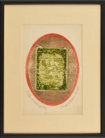Swierkiewicz Róbert (1942-2019): Zöld emlék, 1971. Vegyes technika, papír, jelzett, próbanyomat (próba) jelzéssel, üvegezett fakeretben, 21×17 cm
