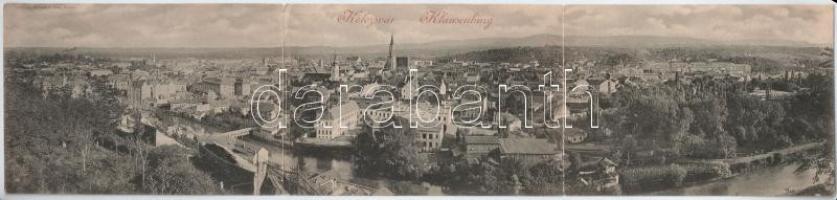 1900 Kolozsvár, Klausenburg, Cluj; 3-részes kihajtható panorámalap / 3-tiled folding panoramacard (hajtásnál szakadt / torn at fold)