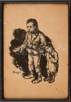 Pérely Imre (1898-1944): Gyerekek. Tus, papír, jelzett. Lap széle sérült, javított. Üvegezett, kopott fakeretben, 30×20 cm / ink on paper, signed, with repaired damages on the edges, framed