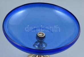 Talpas gyümölcskínáló, alpakka, kék üveggel a tetején, kopott, m:26cm, d:30cm