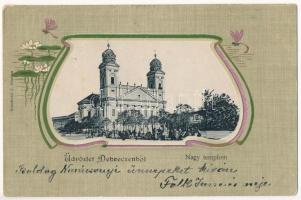 1904 Debrecen, Református nagytemplom, piac. Komáromi J. kiadása. Szecessziós virágos litho keret / Art Nouveau floral litho frame (EK)