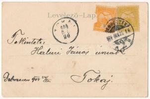 1904 Debrecen, Református nagytemplom, piac. Komáromi J. kiadása. Szecessziós virágos litho keret / ...