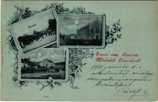 1900 Csaca, Csacza, Cadca, Caca; Vásártér, Politzer szálloda, tér, este. S. Lustig kiadása / hotel, square, street, night. Art Nouveau, floral