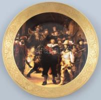 Bavaria echt Gold 21 Karat, porcelán tányér, kézzel festett, Rembrant: Éjjeli őrjárat. Kopott, d: 25cm