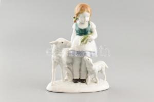 Kislány bárányokkal, kézzel festett porcelán, jelzett, m:19,5