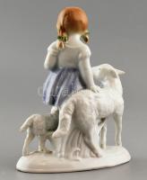Kislány bárányokkal, kézzel festett porcelán, jelzett, m:19,5