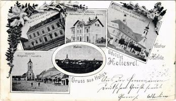 1901 Holics, Holic; Kath. Schule, Bahnstation, Bahnhof, Ev. Schule u. Kirche, Ringplatz / Kat. skola, Zeleznicná stanica, Ev. skola a kostol, Namestie / Római katolikus iskola, Vasútállomás, Evangélikus iskola és templom, Vásártér / Catholic school, railway station, Lutheran church and school, market square. Art Nouveau, floral (EK)