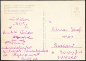 1972 Földi Imre olimpiai bajnok súlyemelő és Szepesi Ádám atléta által aláírt és rajzolt képeslap a müncheni olimpiáról.