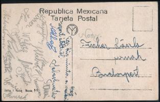 cca 1930 A Hungária FC labdarúgói által aláírt képeslap Mexikóból. rajta többek között Sebes Gusztáv / Autograph signed postcard of the Hungarian football team Hungaria FC from Mexico
