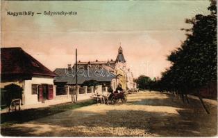 1915 Nagymihály, Michalovce; Sulyovszky utca, lovaskocsi. Vasúti levelezőlapárusítás 2448. / street, horse cart (fa)