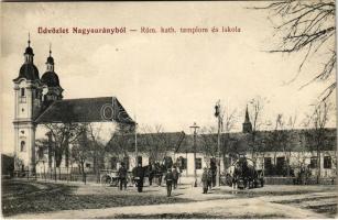 Nagysurány, Surany; Római katolikus templom és iskola, lovaskocsik. Deutsch Ármin kiadása / church and school, horse carts