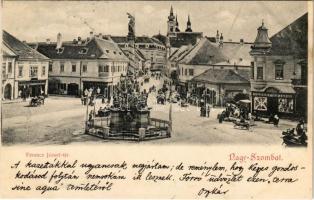 1904 Nagyszombat, Tyrnau, Trnava; Ferenc József tér, Szentháromság szobor, piac, Tausky J. fiai utóda üzlete / square, trinity statue, shops, market
