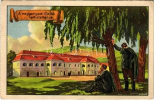 1939 Nagyenyed, Aiud; "A nagyenyedi fűzfák halhatatlanok." Kollégium. Kiadja a Székely Egyetemi és Főiskolai Hallgatók Egyesülete / Hungarian irredenta art postcard, college s: Gebhardt (képeslapfüzetből / from postcard booklet) (EK)