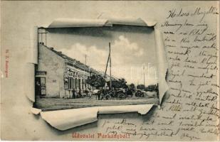 1901 Párkány, Parkan, Stúrovo; Fő tér, lovaskocsi, üzletek / main square, horse cart, shops. Art Nouveau (EK)