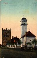 1911 Poprád (Tátra, Tatry); Fő tér, Csonka torony, Evangélikus templom, szobor. Fuchs Gyula felvétele és kiadása / main square, tower, church, statue