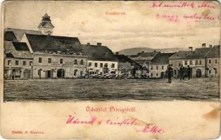 1905 Privigye, Prievidza; Erzsébet tér, piac, Szálloda az Arany Szarvashoz. Gubits B. kiadása / square, market, shops, hotel (Rb)