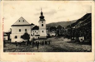 1909 Ratkó, Ratková (Gömör); Fő tér, Evangélikus templom, községháza. Reif E. fénykép. / main square, Lutheran church, town hall (EK)