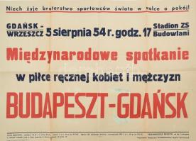 Budapest-Gdanks nemzetközi futballtalálkozó plakátja, hajtott, restaurált, szakadással, 60×84 cm
