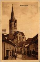 1912 Nagyszeben, Hermannstadt, Sibiu; Zsák utca, Evangélikus templom, üzletek / Saggasse / street view, Lutheran church, shops (EK)