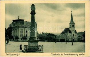 Szilágysomlyó, Simleu Silvaniei; Tér részlet és Szentháromság szobor, templom. Heimlich Sándor kiadása / square, Holy Trinity statue, church (EK)