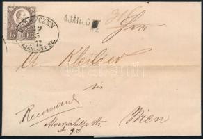 1872 Réznyomat 15kr ajánlott levélen / on registered cover "DEBRECZEN AJÁNLOTT SZ." - Wien
