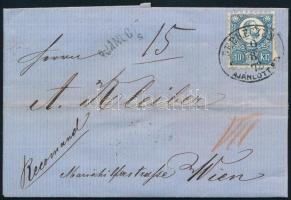 1872 Réznyomat 10kr + a hátoldalon 5kr (bontásnál eltépve) ajánlott levélen / on registered cover (5kr on backside, teared) "DEBRECZEN AJÁNLOTT SZ." - Wien