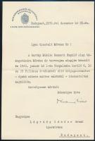 1939 Kuzmich Gábor (1886-1958) a M. Kir. Posta vezérigazgatójának, a M. Kir. Kereskedelem- és Közlekedésügyi Minisztérium Államtitkárának gépelt levele Légrády Sándor (1906-1987) grafikus részére, hogy a megjelent bélyegek tiszteletpéldányait megküldi, fejléces papíron, Tersztyánszky Ákos saját kezű aláírásával, 1939. dec. 21., borítékkal.