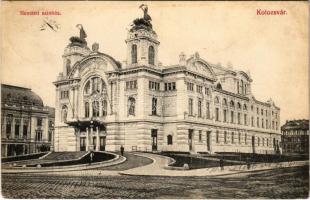 1907 Kolozsvár, Cluj; Nemzeti színház. Schuster Emil kiadása / theatre + NAGYKÁROLY - KOLOZSVÁR 74. SZ. vasúti mozgóposta bélyegző (ázott sarkak / wet corners)