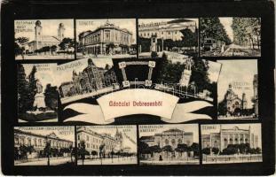 1912 Debrecen, Református nagytemplom, Zenede, Református kollégium, Nagyerdei fasor, villamos, Bocskai szobor, Pályaudvar, vasútállomás, Izraelita templom, zsinagóga, Polgári leányiskola (Svetits intézet), Római katolikus templom és főgimnázium, Kereskedelmi Akadémia, Színház. Kónya dohánytőzsde kiadása (EK)