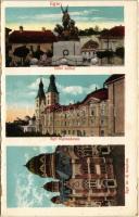 Eger, Dobó szobor, főgimnázium, Izraelita templom, zsinagóga (képeslapfüzetből / from postcard booklet) (EK)