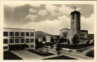 1952 Zsolna, Zilina; Rázusova ul., Evanjelicky kostol / utca, Evangélikus templom, Állami iskola / street view, Lutheran church, school (EK)