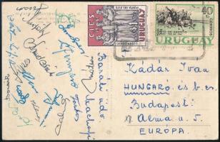 1961 Magyarország-Uruguay labdarúgó mérkőzésről küldött képeslap a magyar válogatott tagjainak aláírásával Bozsik, Farkas, Mátrai, Sárosi, Mészöly, Sipos, stb. / Autograph signed postcard of the Hungarian football team from the match against Uruguay.