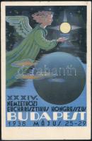 1938 Bp., XXXIV. Nemzetközi Eucharisztikus Kongresszus kétoldalas, illusztrált reklámlapja, Szilágyi M. János grafikájával, 14x9 cm