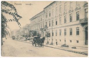 1912 Pozsony, Pressburg, Bratislava; Stefánia út építése, villamos, lovashintó. Hardtmuth E. kiadása / street construction, tram, horse chariot (Rb)