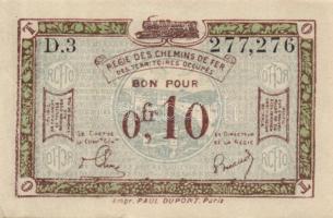 Német Birodalom/Weimari Köztársaság/megszállt (francia) Rajna-vidék/Francia-belga vasúttársaság 1923. 0,10Fr T:II