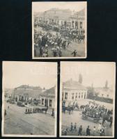 cca 1920-1930 Mezőkövesd, ünnepi felvonulás, népviselet, 6 db fotó, közte sérült, 8,5×8,5 és 12×8,5 cm