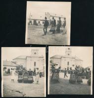 cca 1920-1930 Mezőkövesd, ünnepi felvonulás, népviselet, 6 db fotó, közte sérült, 8,5×8,5 és 12×8,5 ...