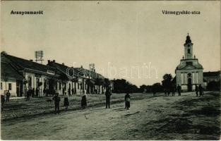 Aranyosmarót, Zlaté Moravce; Vármegyeház utca, templom. Steiner Samu kiadása / street, church (ázott sarok / wet corner)