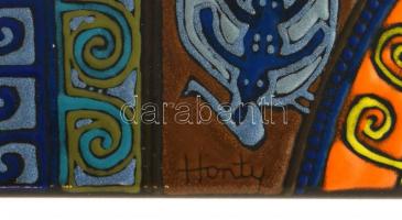 Honty Márta (1940-2004): Álom. Tűzzománc, fémlemez. Jelezve jobbra lent. Hátoldalán autográf felirat...