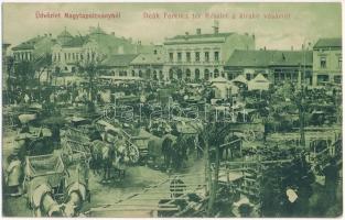 1910 Nagytapolcsány, Topolcany; Deák Ferenc tér, piac, részlet a kirakó vásárról, Felsenburg B., Bochberger Náthán, Löwy Henrik, Braun Alfréd ezelőtt Munk Adolf üzlete, gyógyszertár. Platzko Gyula kiadása / market on the square, shops, pharmacy (EK)