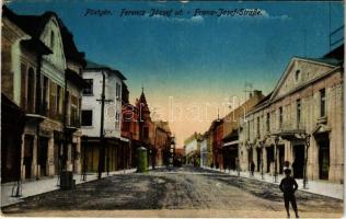 1918 Pöstyén, Pistyán, Piestany; Ferenc József út, üzletek, fürdő szálloda / street, shops, spa hotel