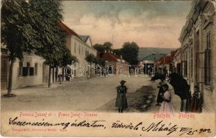 1902 Pöstyén, Pistyán, Piestany; Ferenc József út, Strasser kávéház, üzletek / street, cafe, shops (kis szakadás / small tear)