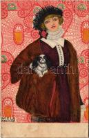 1919 Art Nouveau lady with dog. B.K.W.I. 621-3. s: Mela Koehler (EB)