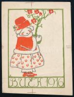 1916 BUÉK üdvözlőkártya, próbanyomat, gyűrődéssel, 12×9 cm