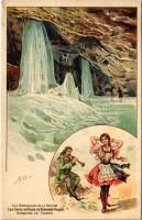 Dobsina, Dobschau; Dobsinai-jégbarlang, belső, csárdás, magyar folklór / Les Caves de Glace de Dobschau, Danseuse de Czarda / ice cave, interior, Hungarian folklore, traditional dance. Art Nouveau, litho (EK)