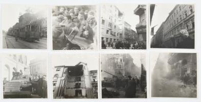 1956 Budapest, életképek a forradalomból, szétlőtt házak, tank, villamos, 8 db fotó, 11×11 cm