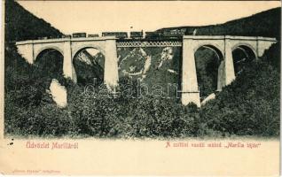 Marilla, Marila; A zsittini vasúti műhíd Marilla táján, gőzmozdony, vonat, viadukt. Gross Gyula kiadása / railway bridge, viaduct, locomotive, train