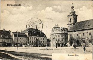 1907 Nagyszeben, Hermannstadt, Sibiu; Nagy tér, templom, üzletek / Grosser Ring / square, church, shops (ragasztónyom / gluemark)
