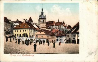 Segesvár, Schässburg, Sighisoara; Piactér, Girscht üzlete. Fritz Teutsch kiadása / market square, shops (EK)